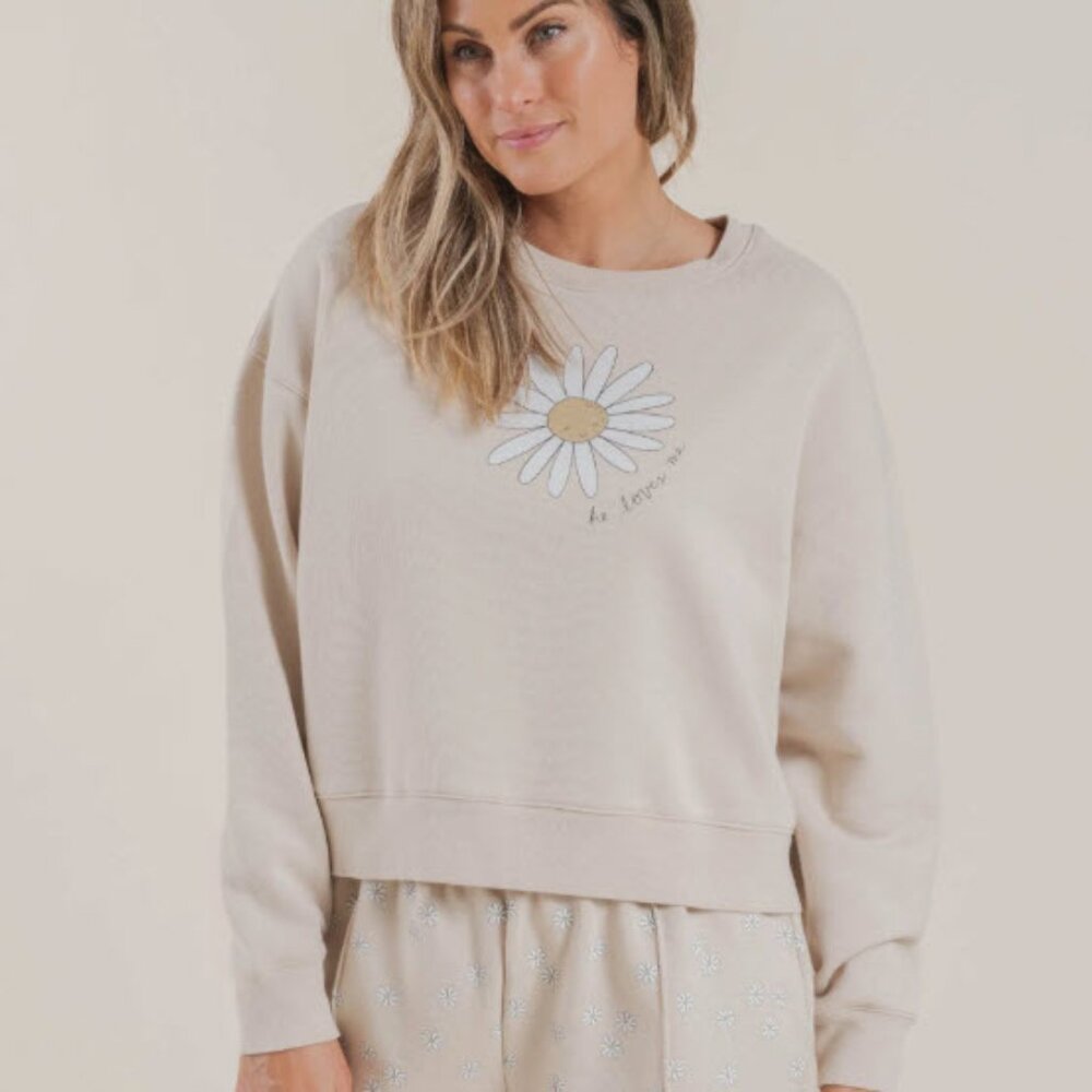 Rylee + Cru Boxy Shell Daisy 'He Loves Me' Sweatshirt Women's Small (4-6)